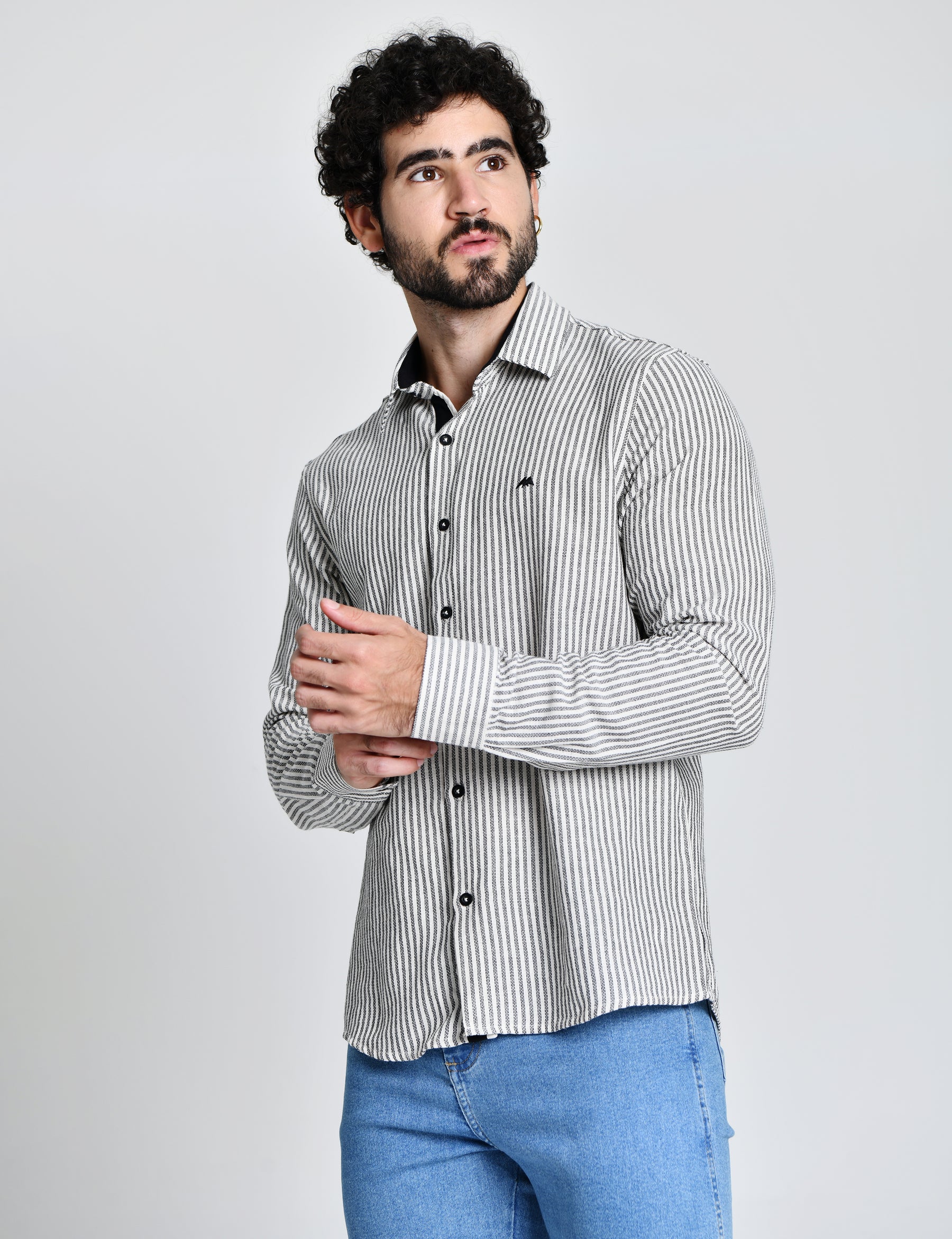 Camisa Masculina Social Listrada Cinza 25045