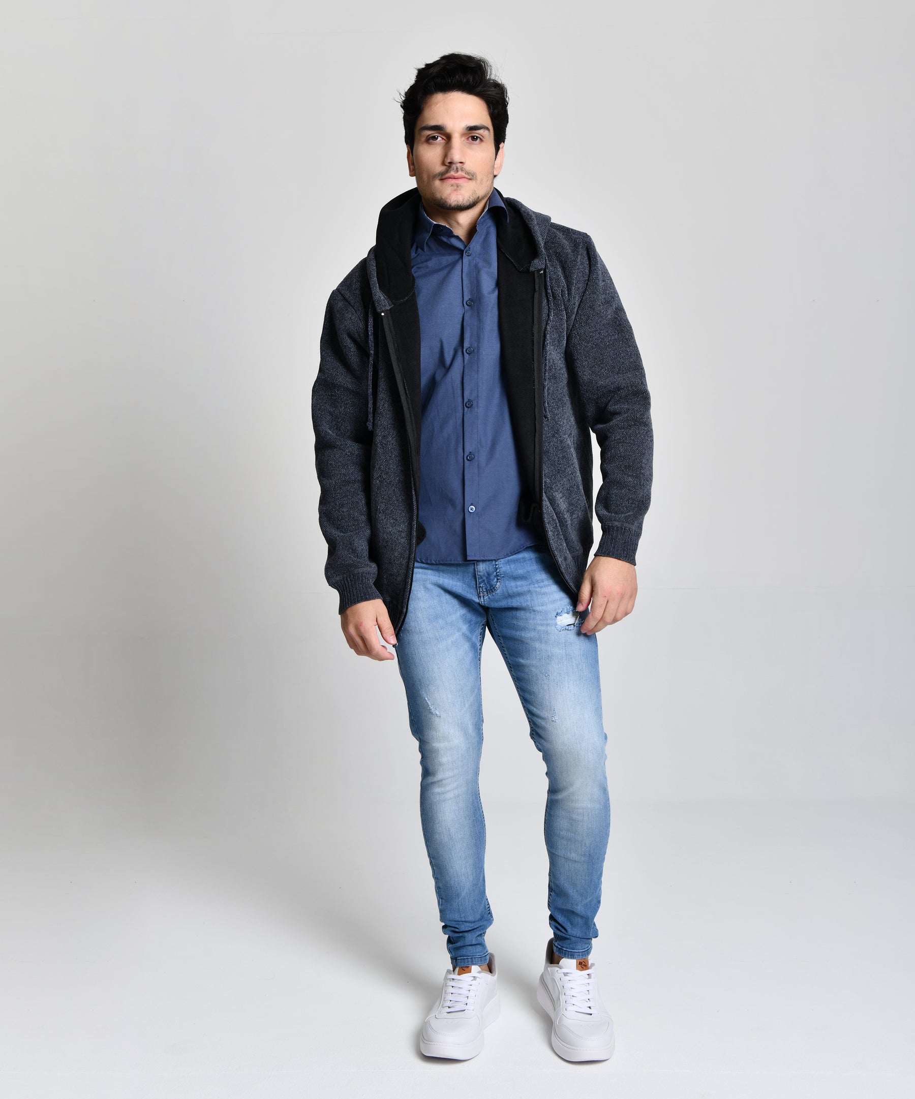 Jaqueta Estilo Lã Azul Escuro Men Luxo cod 000450