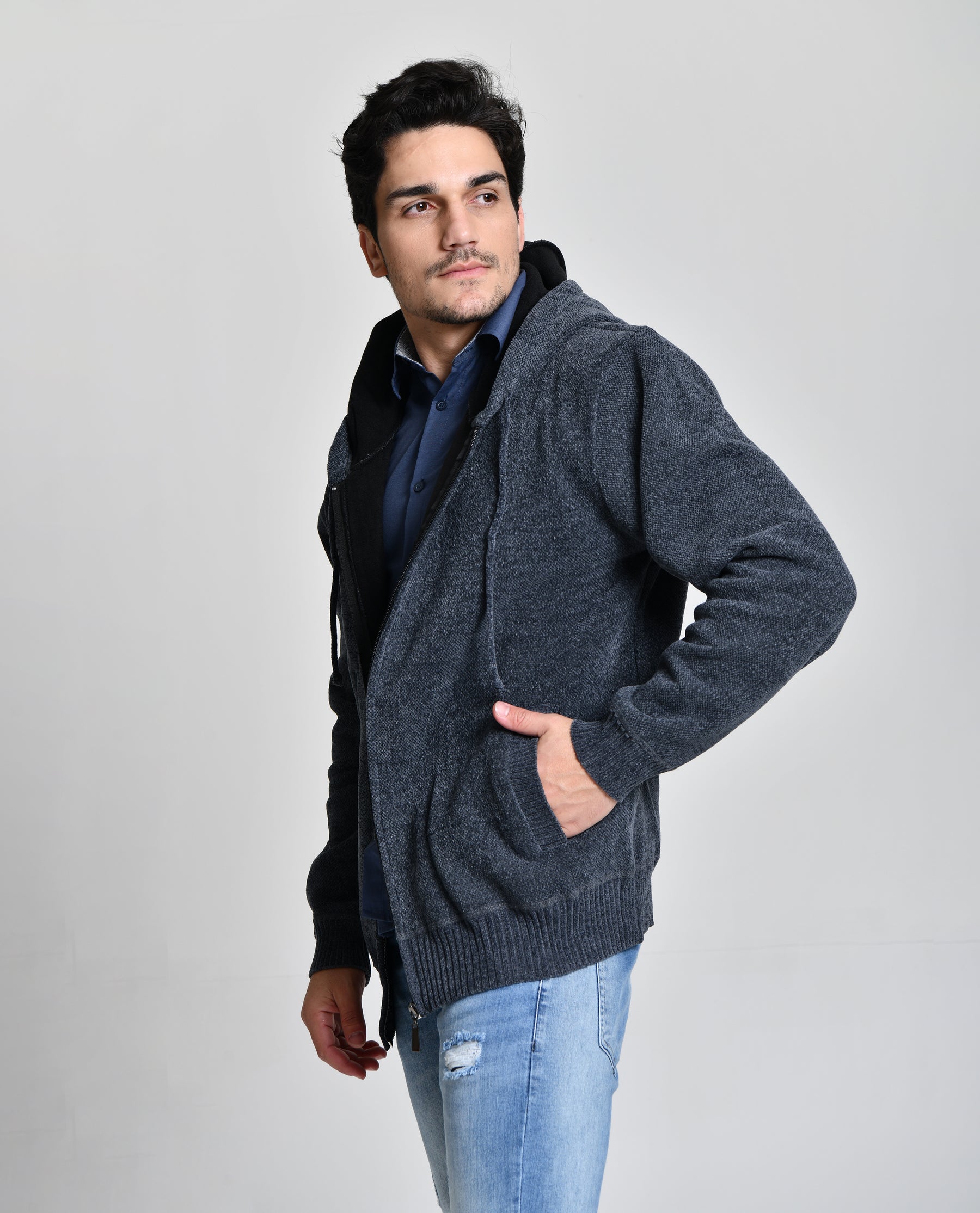 Jaqueta Estilo Lã Azul Escuro Men Luxo cod 000450