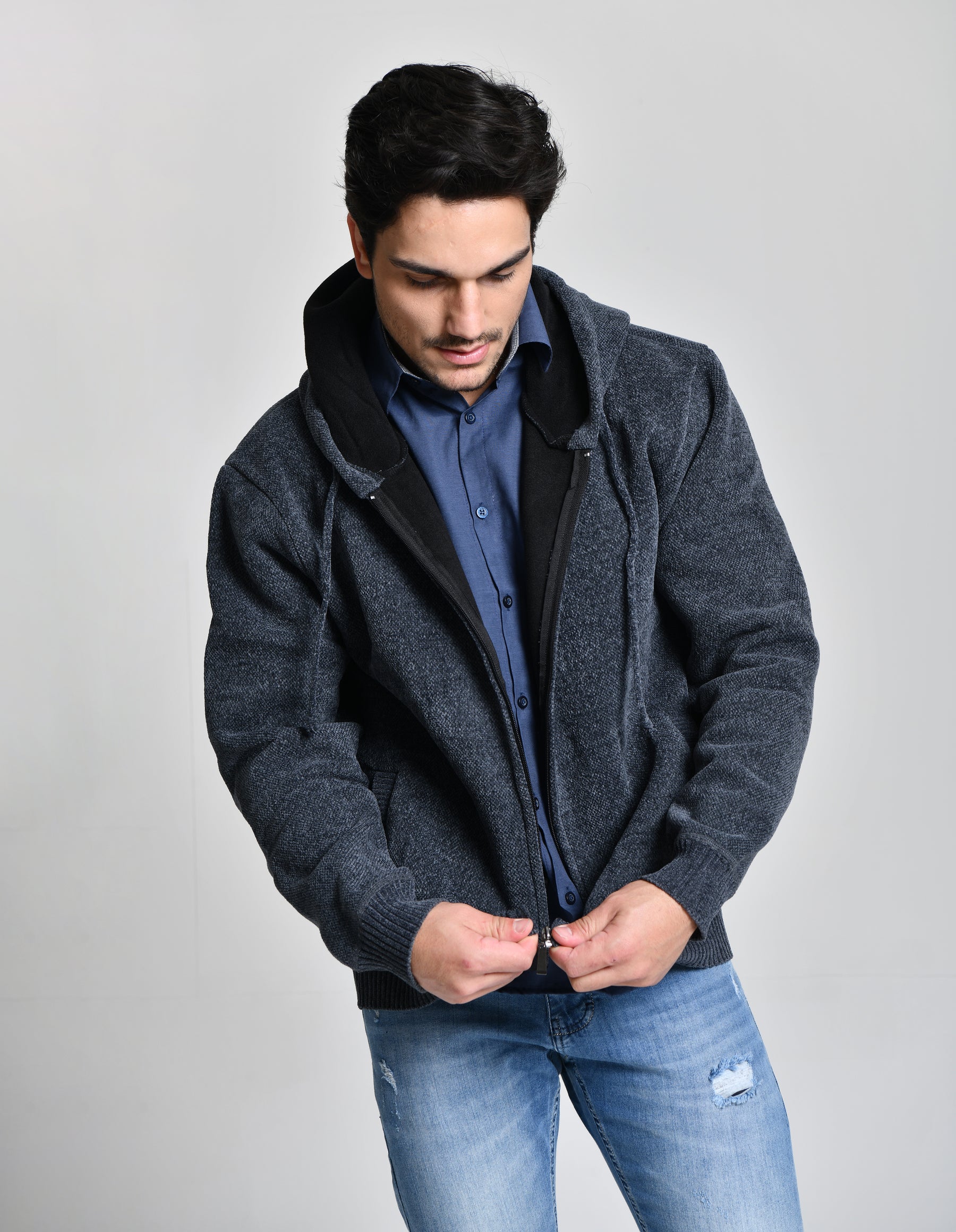 Jaqueta Estilo Lã Azul Escuro Men Luxo cod 000450