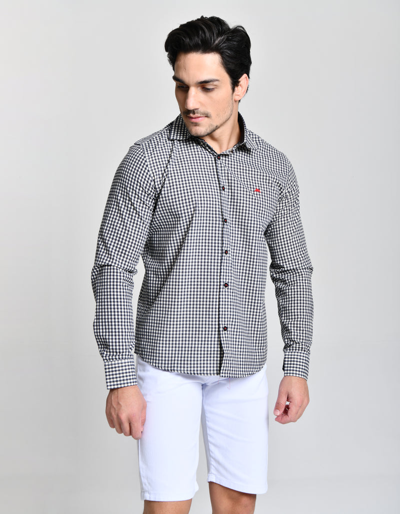 Camisa Social Manga Longa Xadrez Preto e Branco cod 000548